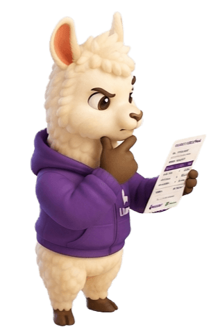 Mascota de Llami revisando un comprobante