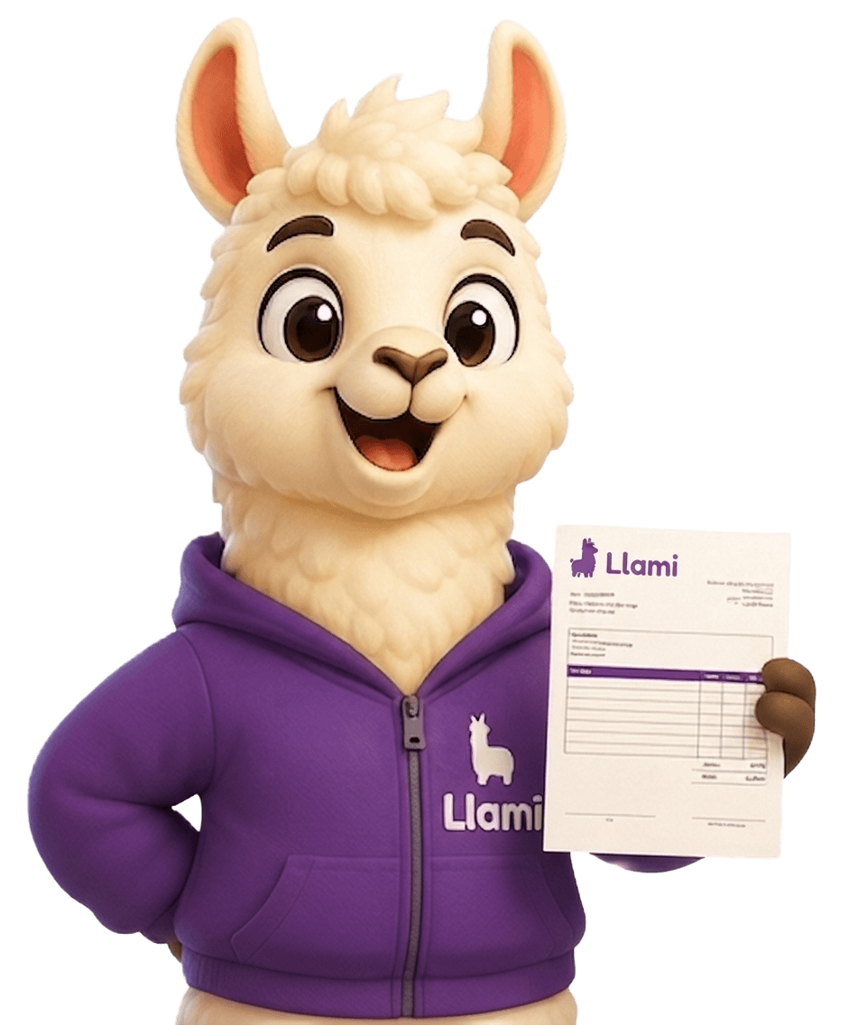 Llami, la mascota, sosteniendo una factura electrónica