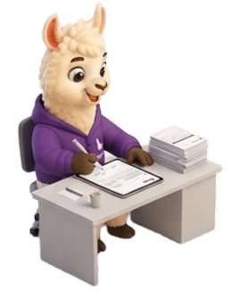 Mascota de Llami trabajando en un escritorio